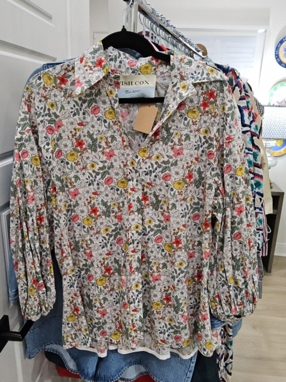 TISH COX Floral Button-Front Blouse in Cream with Pink, Yellow and Green